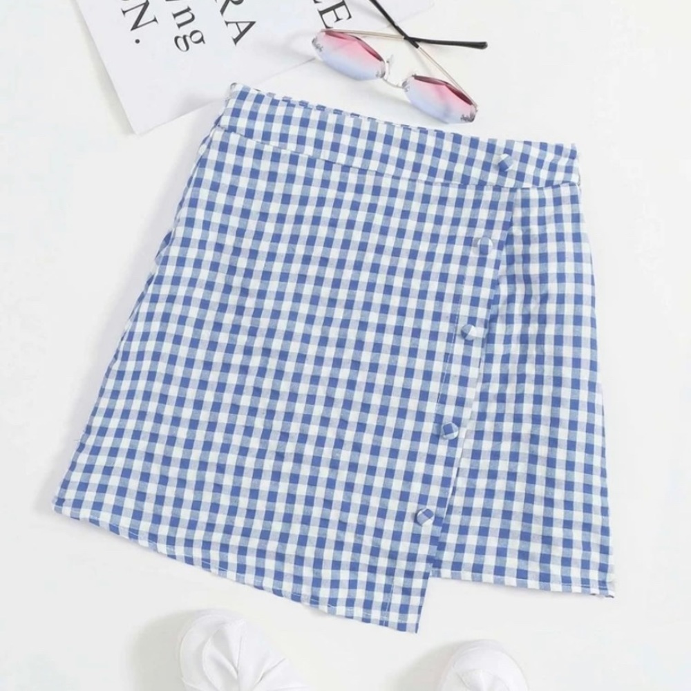 SHEIN Button Front Plaid Asymmetrical Hem Skirt